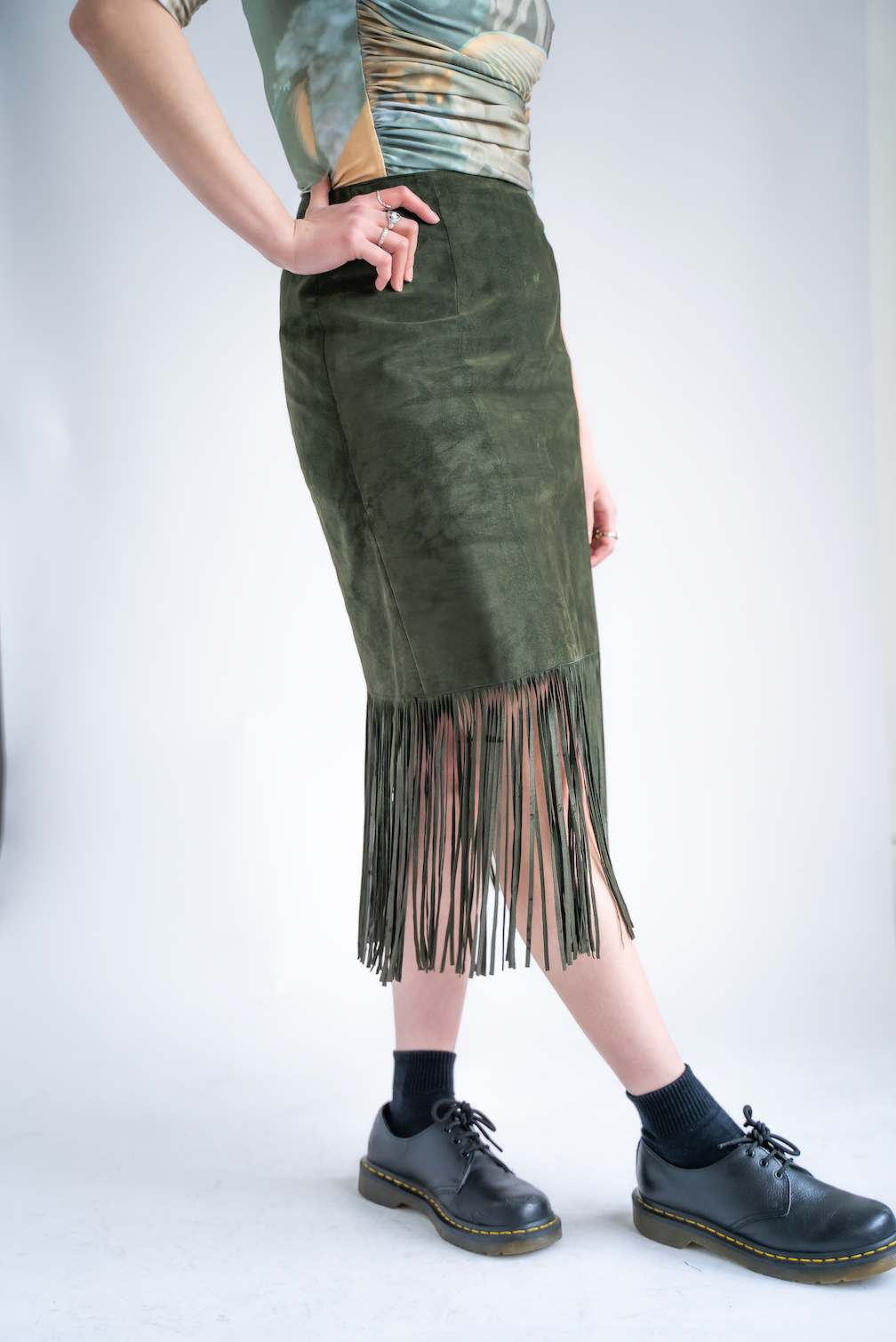 Suede Fringe Green Skirt